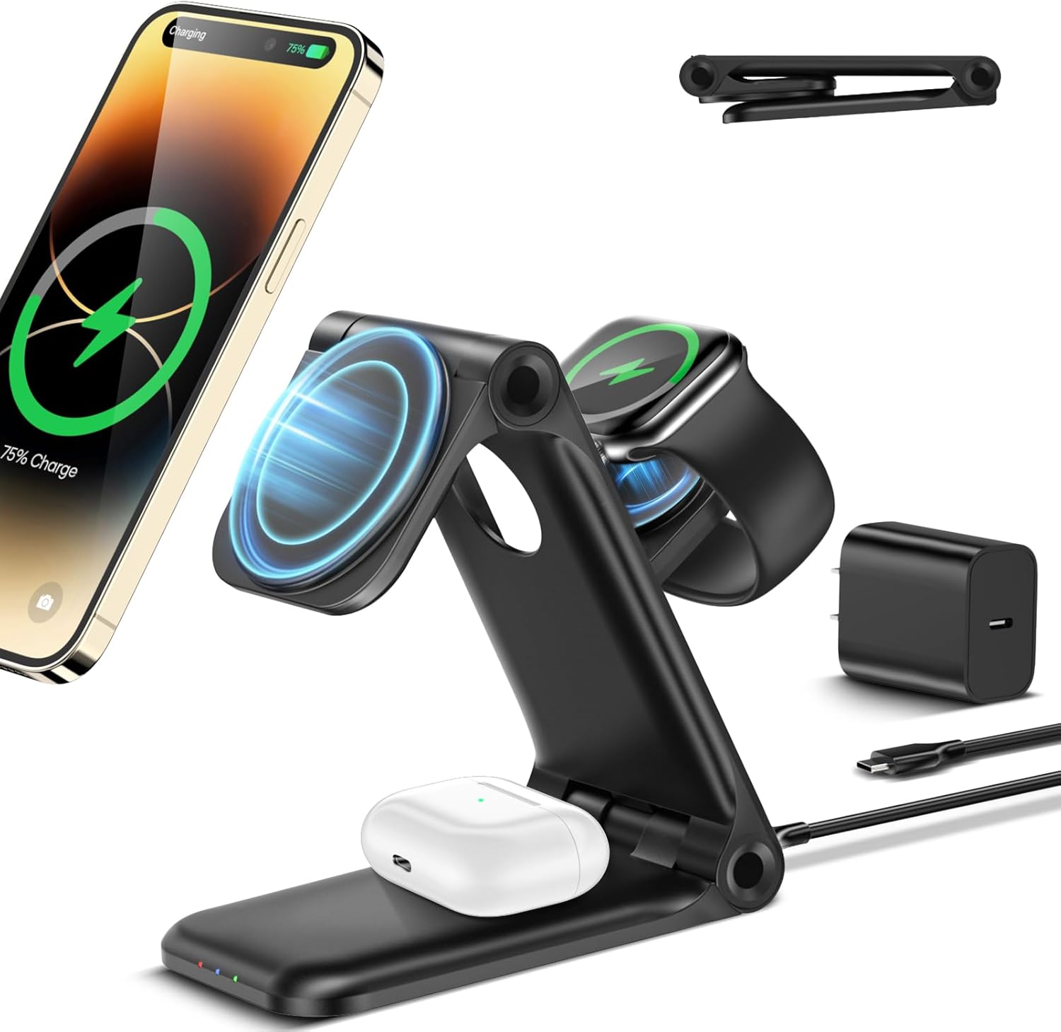 Estación de carga plegable 3 en 1 para dispositivos Apple, estación de carga inalámbrica magnética, soporte de cargador de teléfono y reloj para