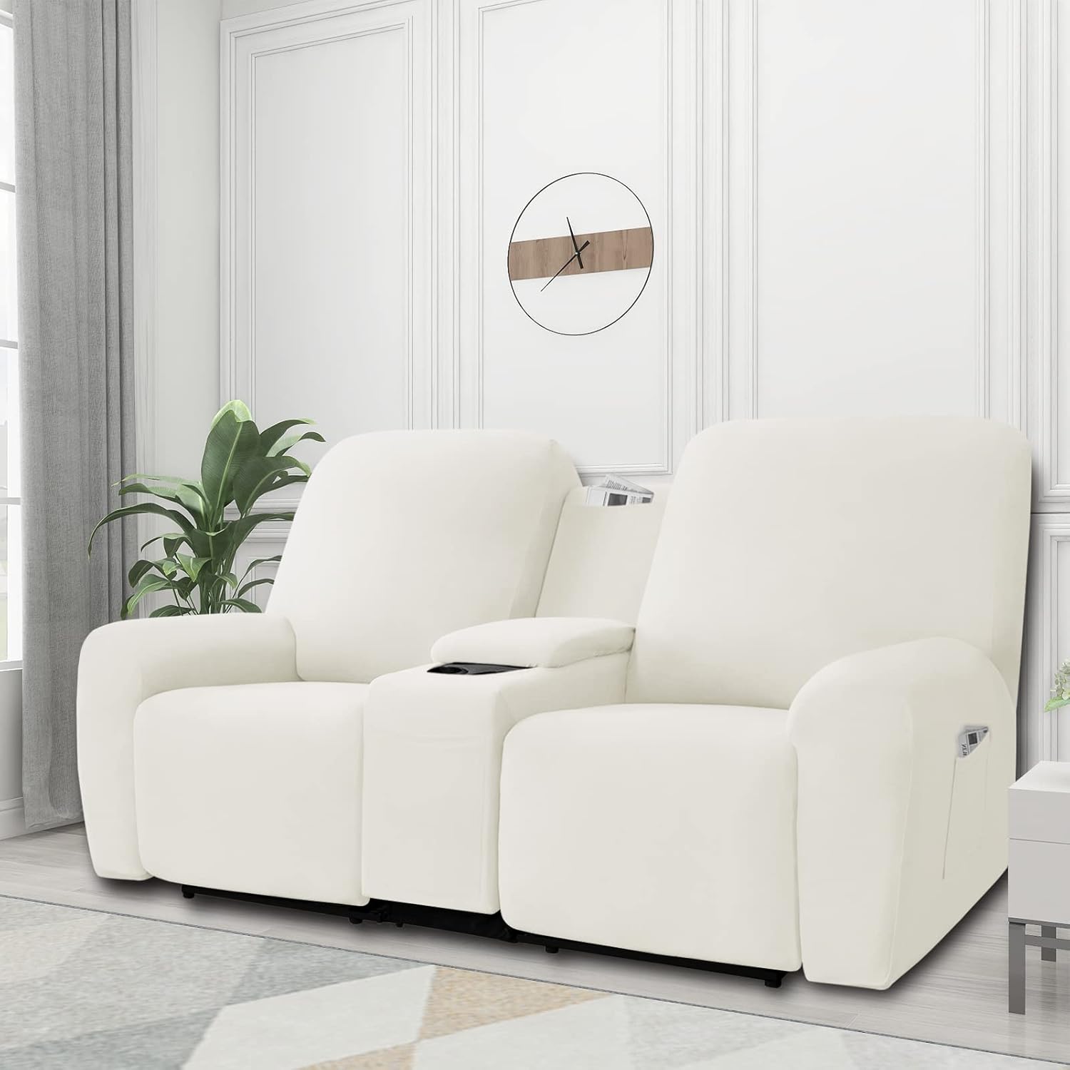 Easy-Going Funda elástica para sofá reclinable con consola central, suave vellón ajustable de 2 asientos con soporte y almacenamiento, protector de