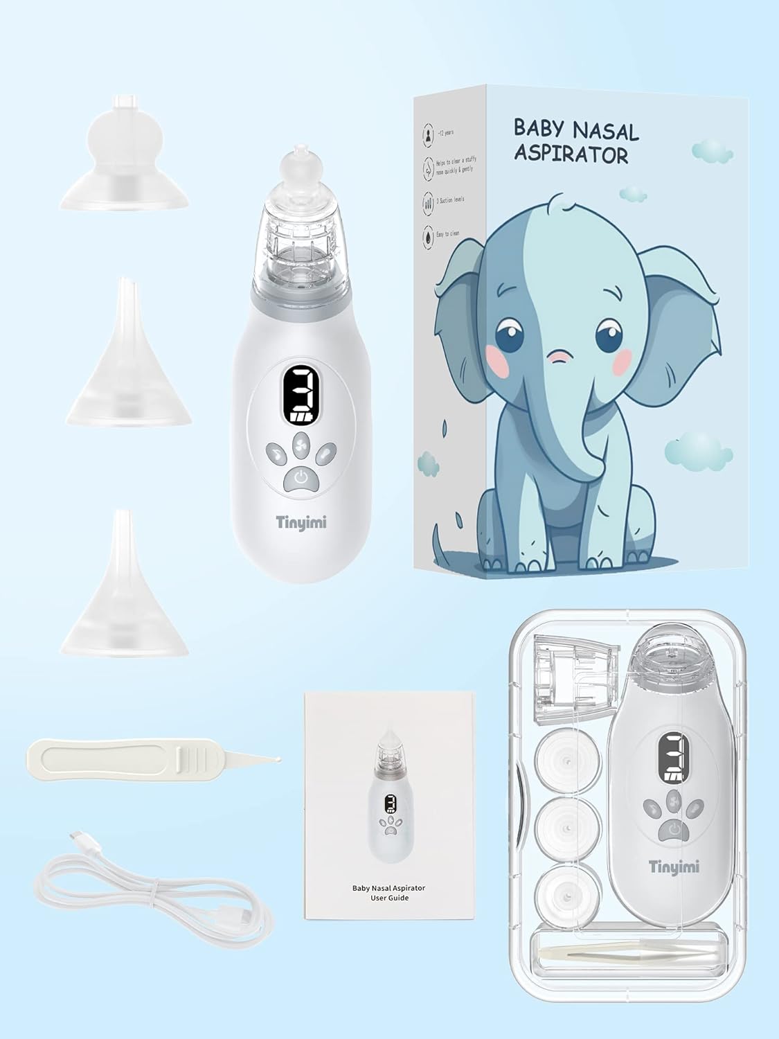Aspirador nasal para bebé, aspirador eléctrico de nariz para bebé, limpiador de nariz automático con 3 puntas de silicona, 3 niveles de succión y