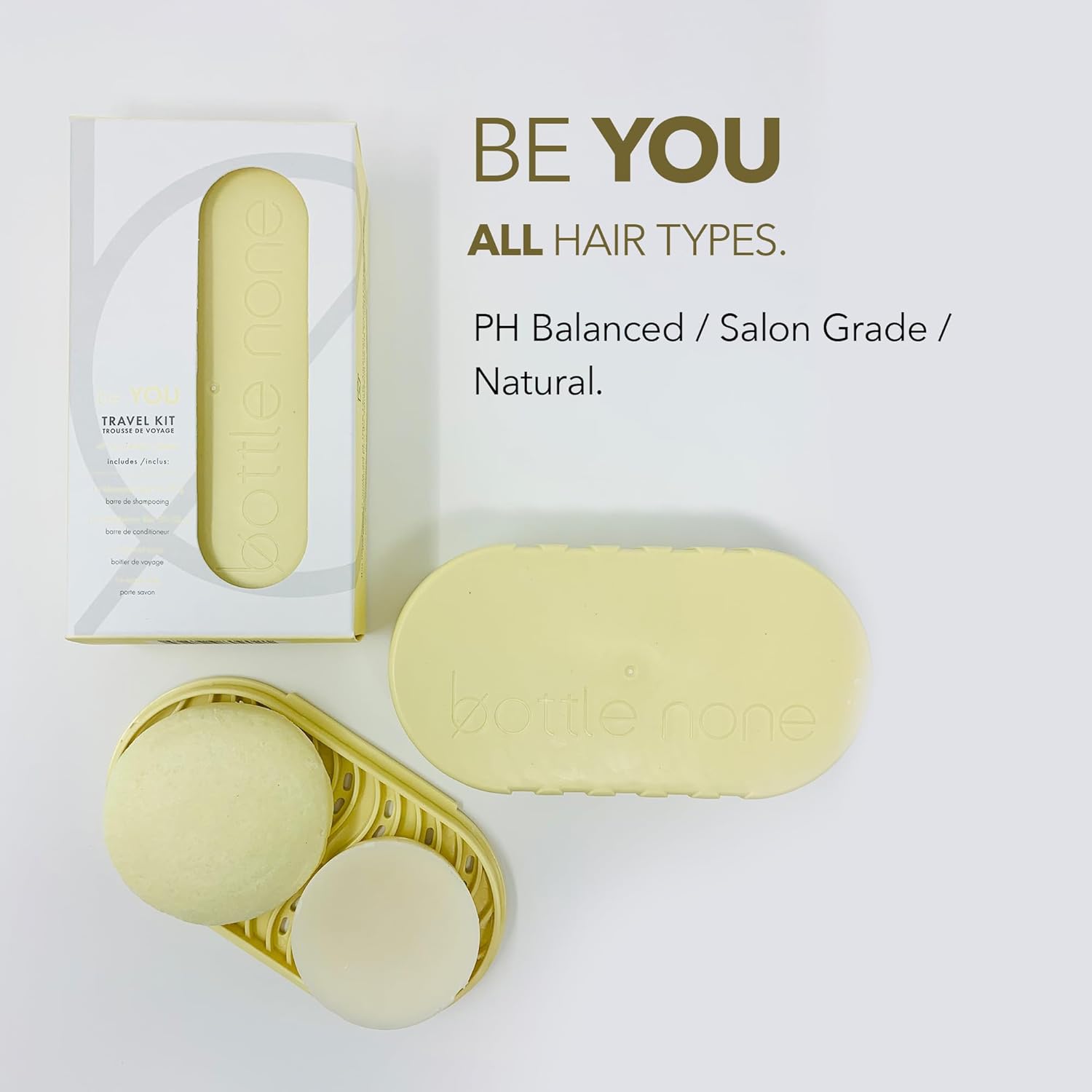 BOTTLE NONE  be YOU Travel Set incluye barras de champú y acondicionador Be You para todo tipo de cabello con jabonera de viaje  PH equilibradogrado