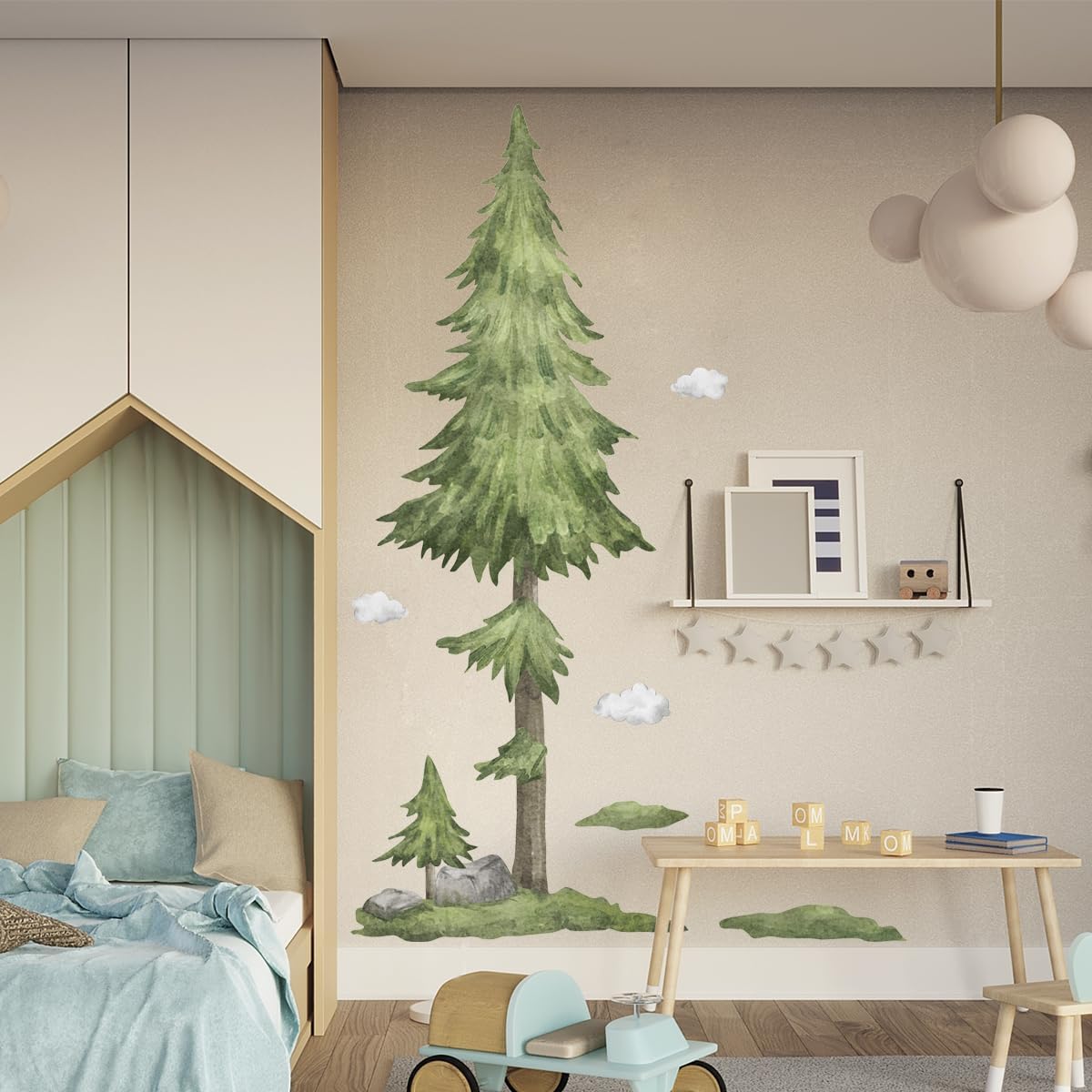 Calcomanías de pared de árbol verde gigante, ramas de pino grandes, calcomanías de pared para bricolaje, despegar y pegar, acuarela, bosque, bosque,