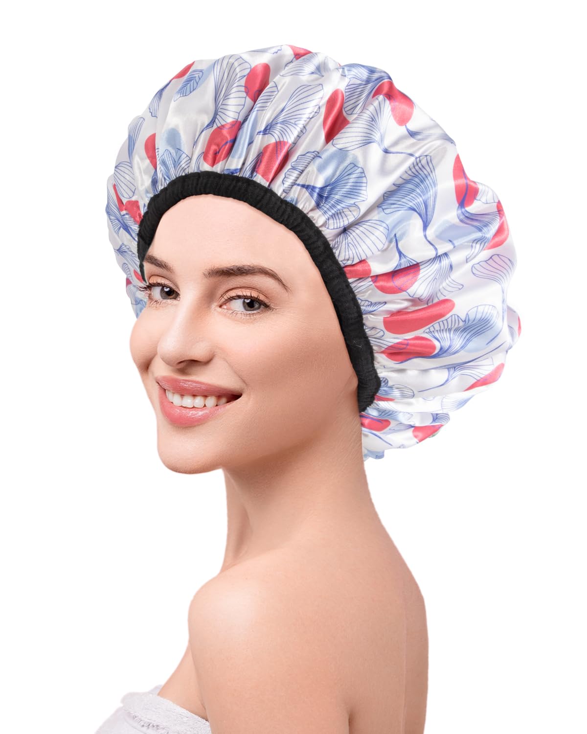Aquior Gorro de ducha con forro de rizo para mujer, gorro de ducha reutilizable, triple capa impermeable, extra grande para mujeres de pelo largo