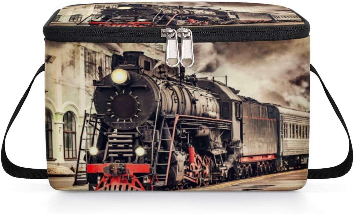 Bolsa de almuerzo vintage de tren de vapor, aislada, reutilizable, grande, con hombro ajustable y cremallera, bolsa de lona para oficina, trabajo,