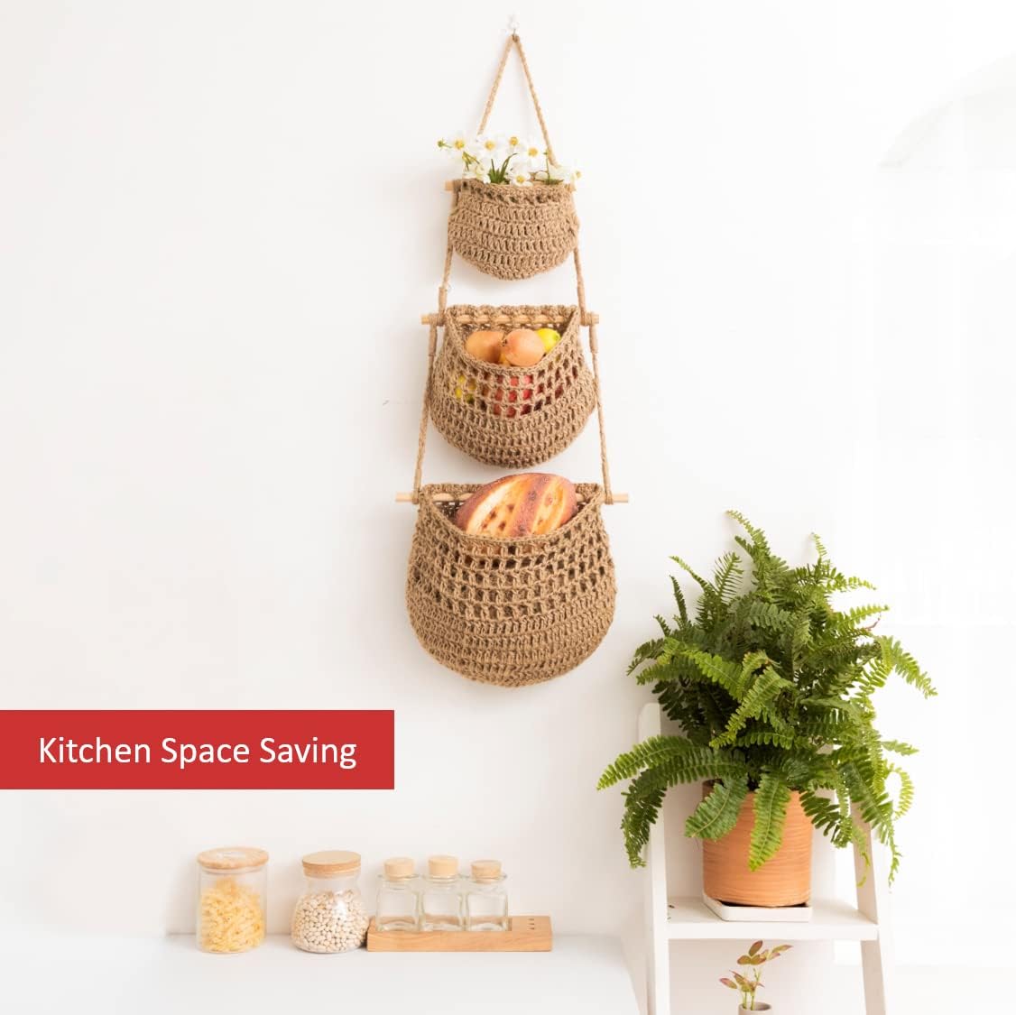 Cesta colgante de frutas, cesta colgante de pared de yute tejida de 3 niveles para organizar, cesta colgante de productos para almacenamiento de