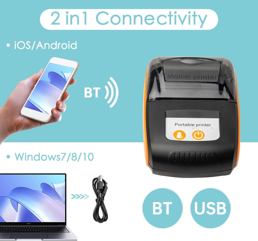 Impresora portátil de recibos, mini impresión térmica de 2.283 in, impresora móvil inalámbrica BT USB con rollo de papel térmico de 2 pulgadas,
