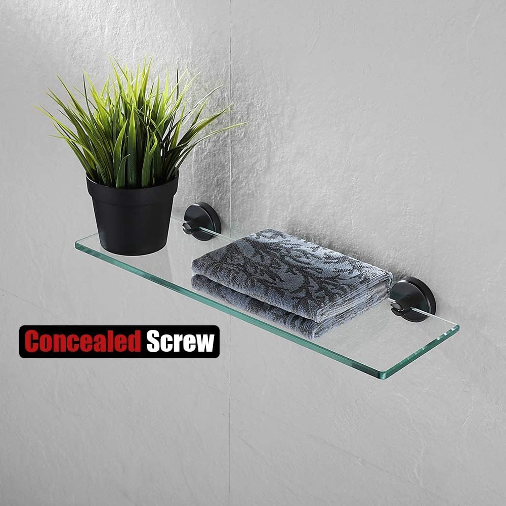JQK Estante de vidrio para baño negro, almacenamiento de ducha de vidrio templado de 16 x 5 pulgadas, montaje en pared negro mate de acero