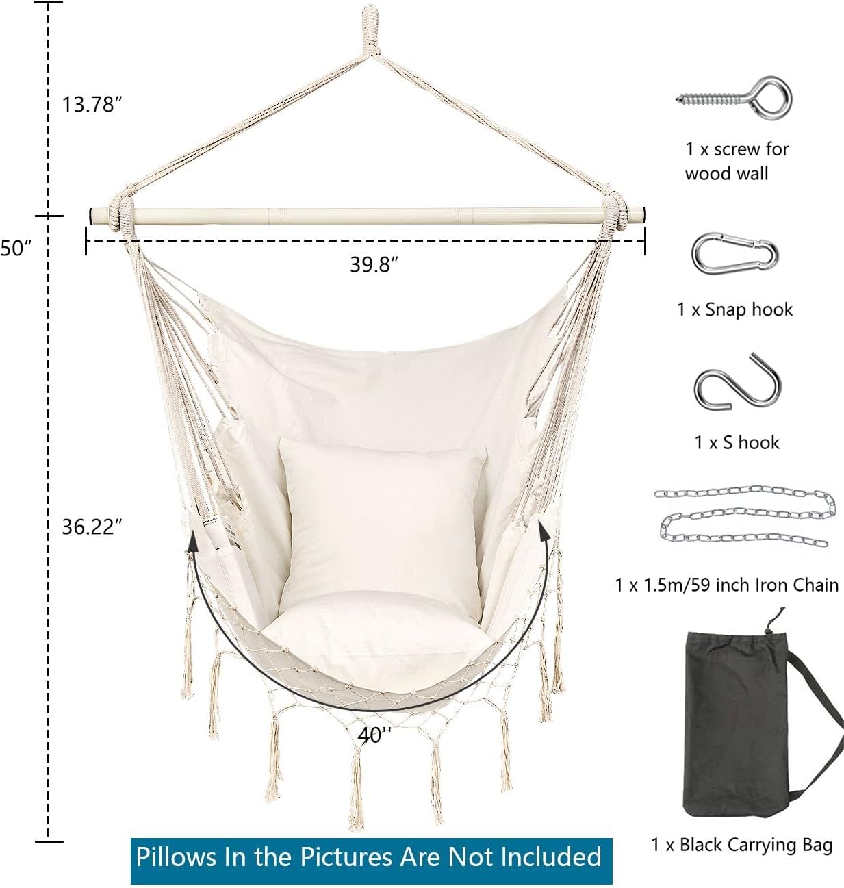 Jelofly – Silla hamaca grande con cuerda y bolsillo, que soporta un peso máximo de 350 libras, superior, cómoda, para interiores, exteriores, hogar,