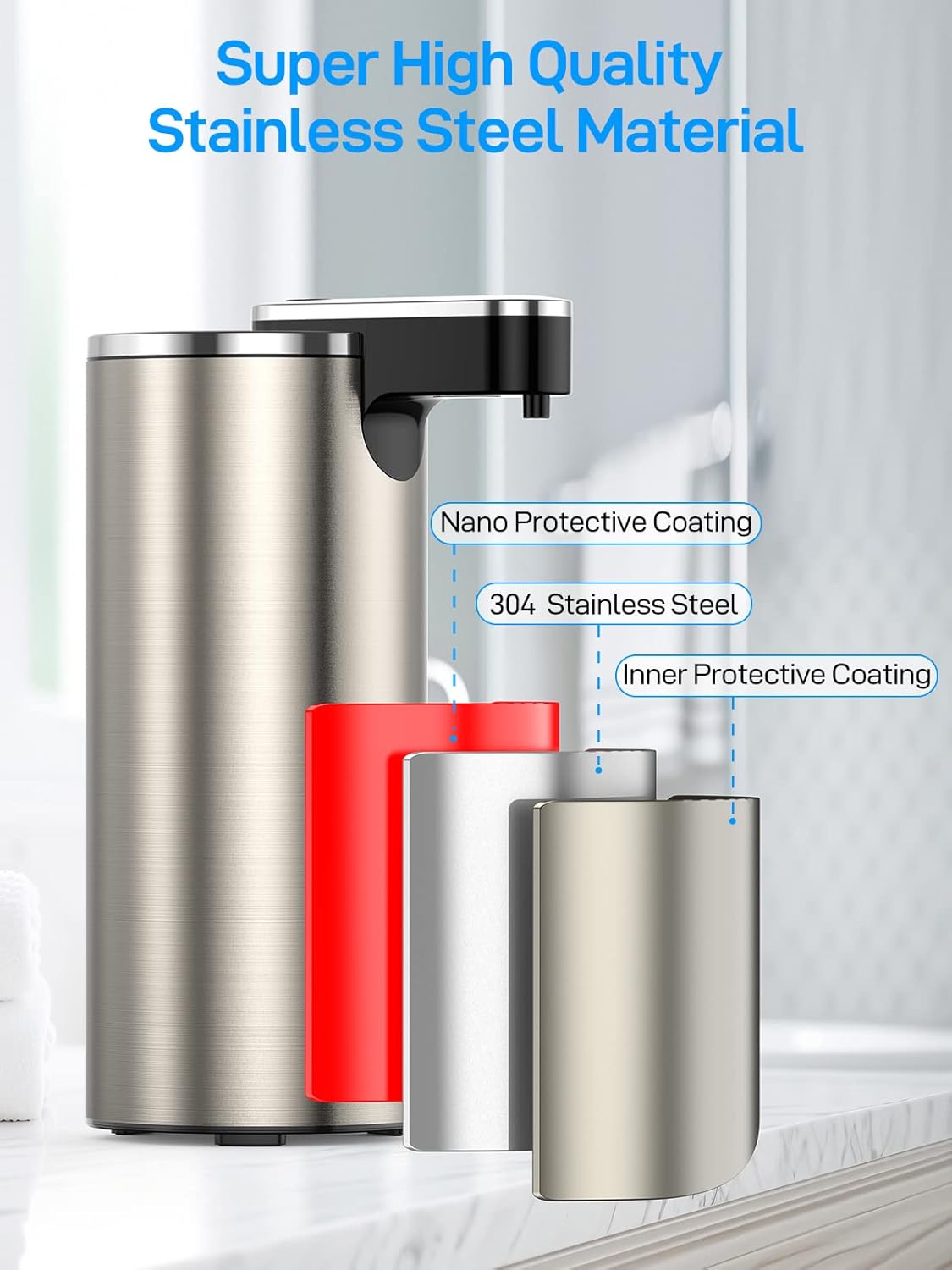 Dispensador automático de jabón de acero inoxidable sin contacto, control de volumen ajustable de 3 niveles LITTAR con sensor de movimiento,
