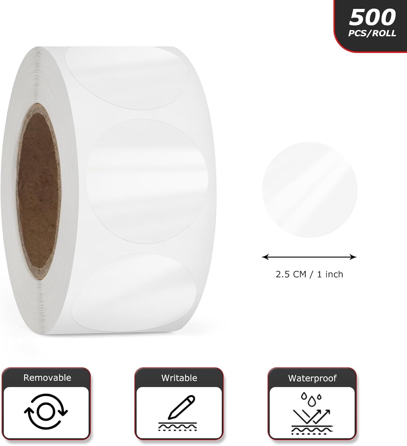 Etiqueta redonda transparente de 1 pulgada, autoadhesiva, sello de oblea de punto, impermeable, extraíble para paquete minorista, rollo de sobres de