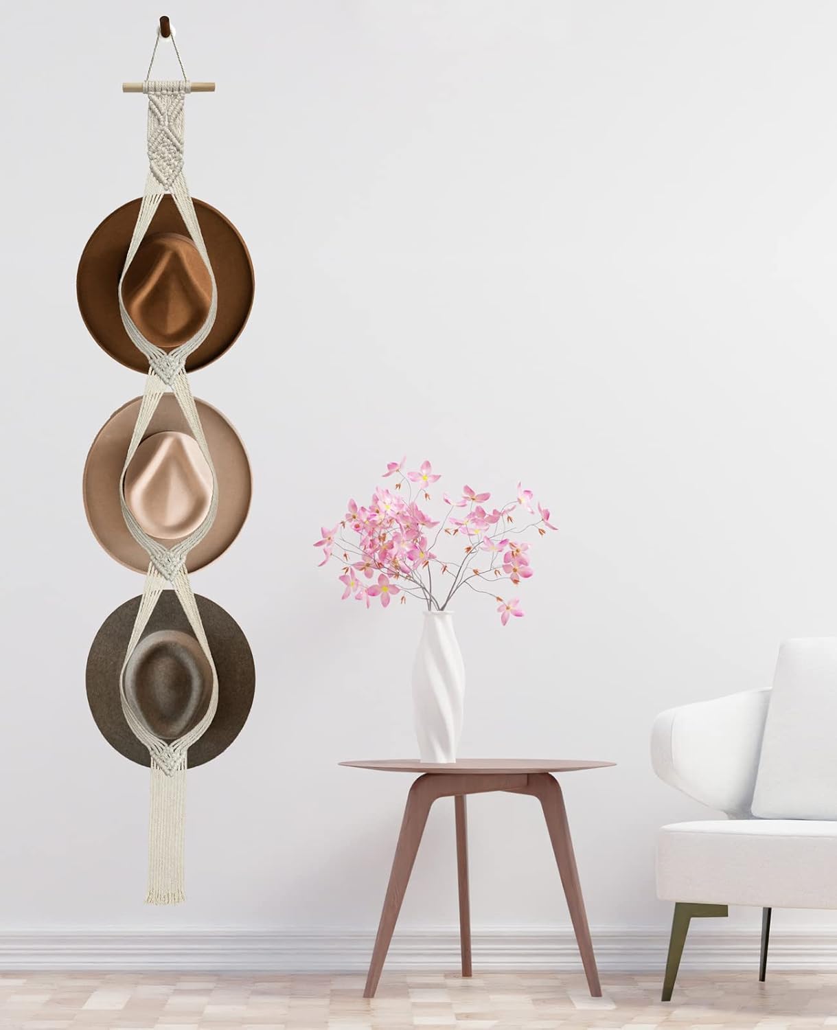 Organizador de sombreros de macramé para pared, colgadores bohemios para colgar en la pared, tejido a mano, organizador decorativo para sombreros de