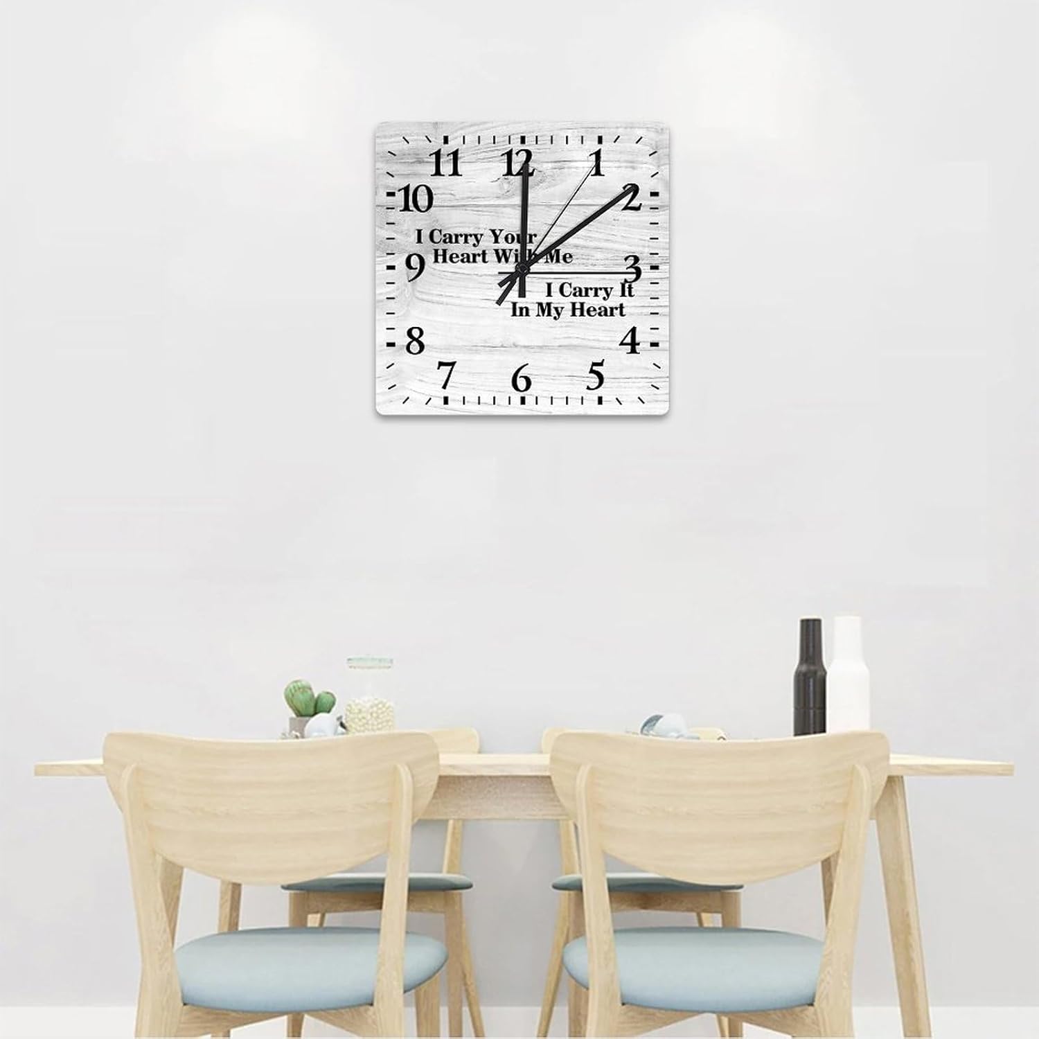 Reloj de pared cuadrado con texto en inglés I Carry Your Heart with Me I Carry It in My Heart, reloj de pared grande con citas, funciona con pilas,