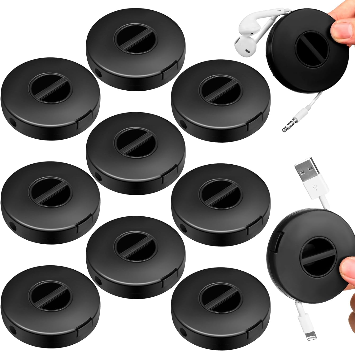 Organizador de cables de carga portátil negro, 9 piezas, soporte de cable de almacenamiento redondo, enrollador de cables retráctil, carrete de