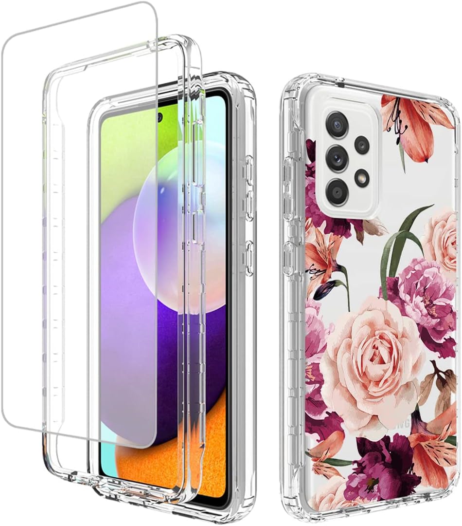 Funda para Galaxy A52 5G4GGalaxy A52S SM-A526 con protector de pantalla de vidrio templado, diseño floral a prueba de golpes, carcasa protectora de