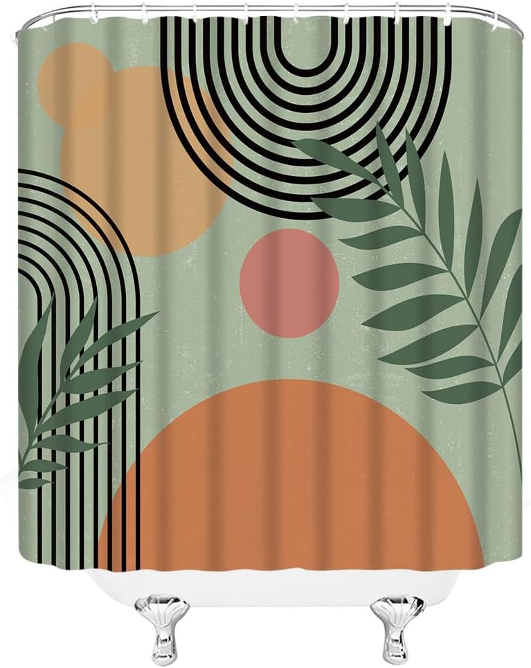 Cortina de ducha moderna de mediados de siglo, color verde salvia, abstracta, retro, geométrica, arco de arco iris, hoja de sol, naranja, neutro,