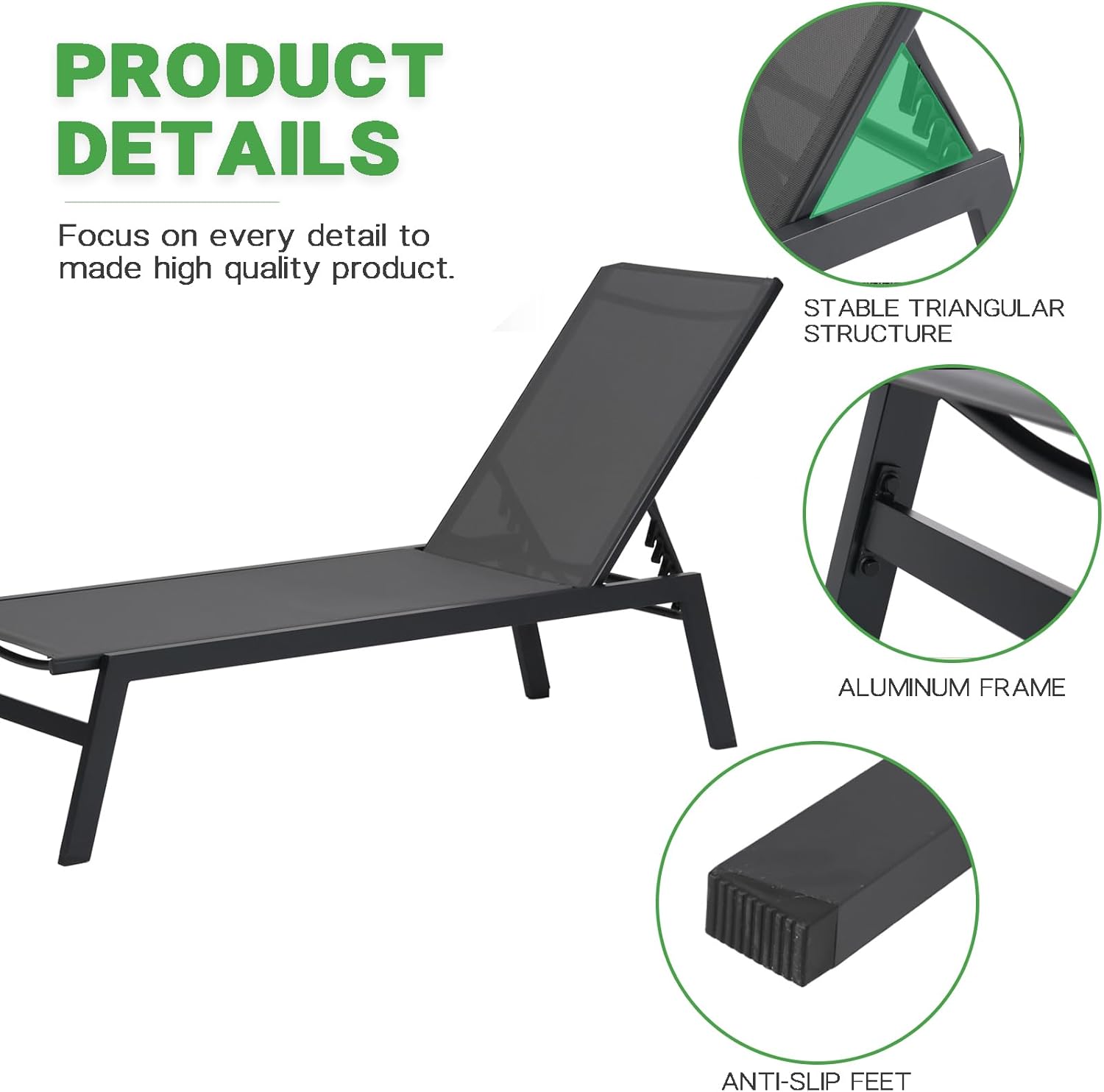 Juego de 2 tumbonas de aluminio para exteriores, sillas reclinables de textileno transpirables para patio, sillón reclinable con 5 respaldos