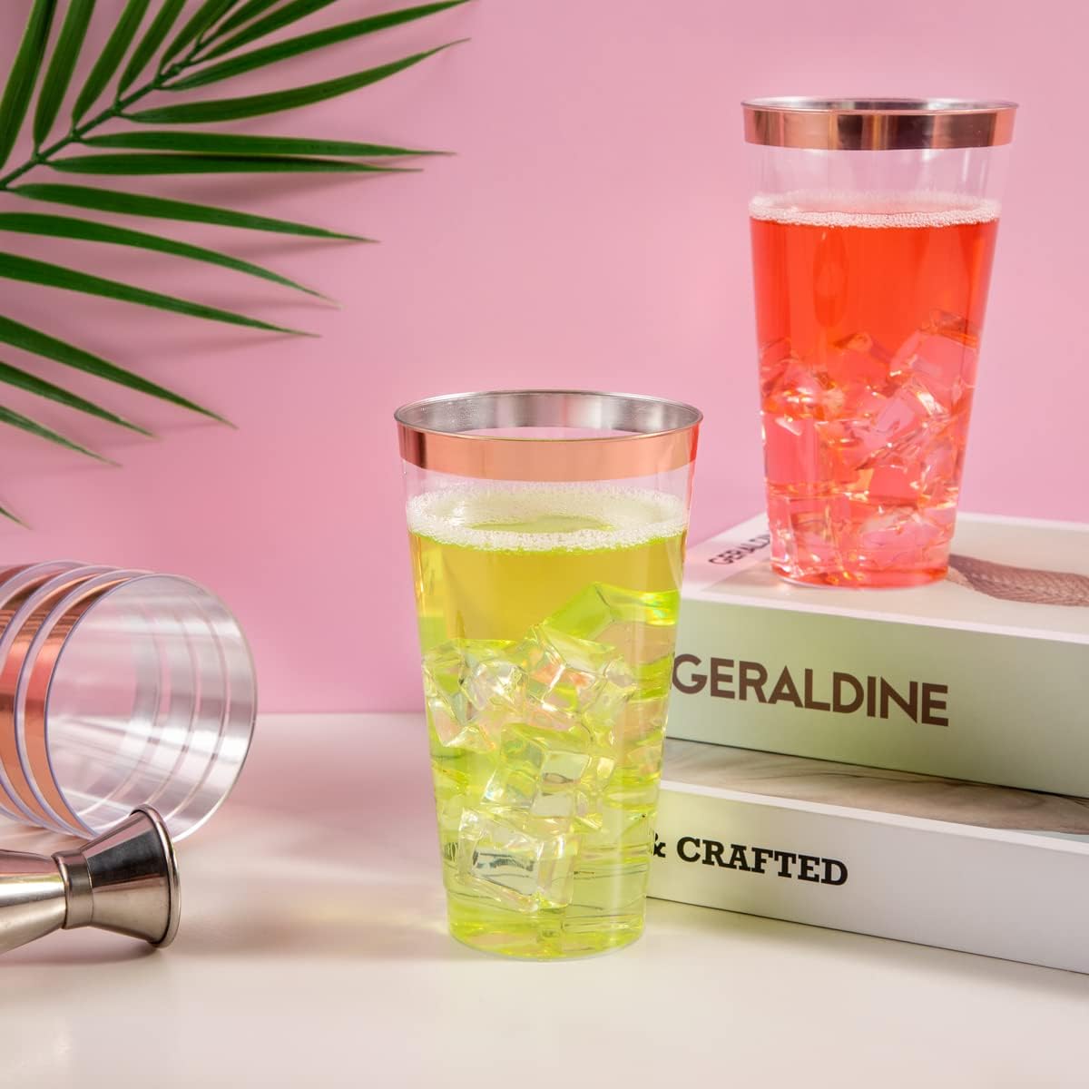 LIYH – 100 vasos de plástico de oro rosa, vasos de plástico con borde de oro rosa de 16 onzas, elegantes tazas de boda de plástico transparente,
