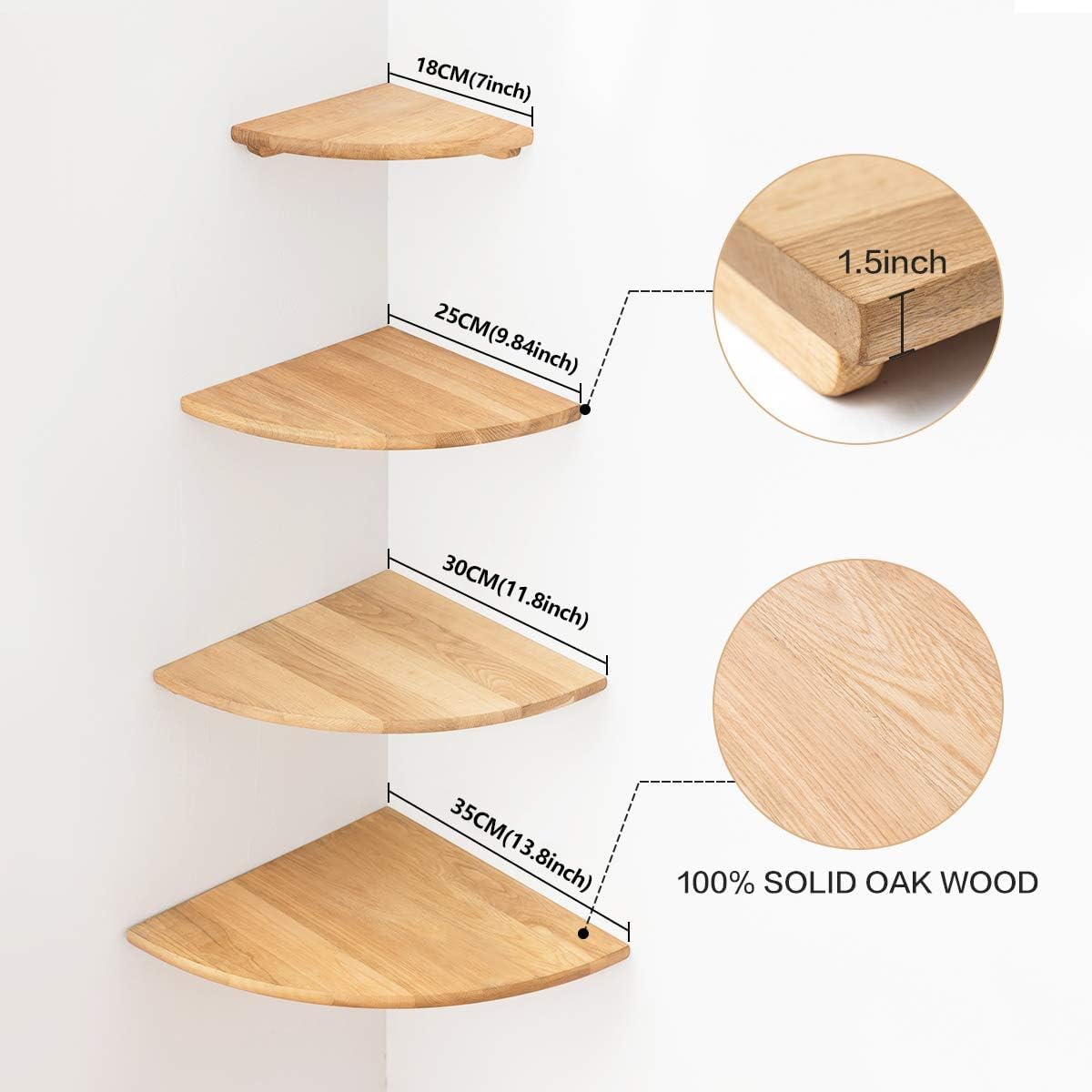 BEUGAWHOO Estante esquinero para montaje en pared, estante flotante de madera de roble de 14 pulgadas, extremo redondo, mesita de noche pequeña,