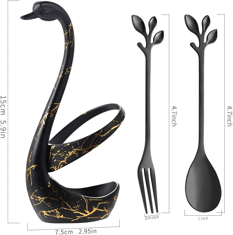 AnSaw Soporte de base de cisne negro con 20 cucharas de café y tenedores de postre con mango de hoja pequeña de 4.7 pulgadas (negro, 10+10)