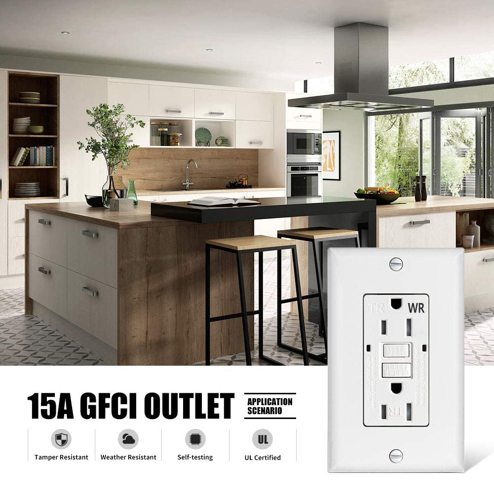 Receptáculo de salida GFCI de 15 amperios, resistente a la intemperie, autocomprobación, resistente a manipulaciones, dúplex, interruptor de