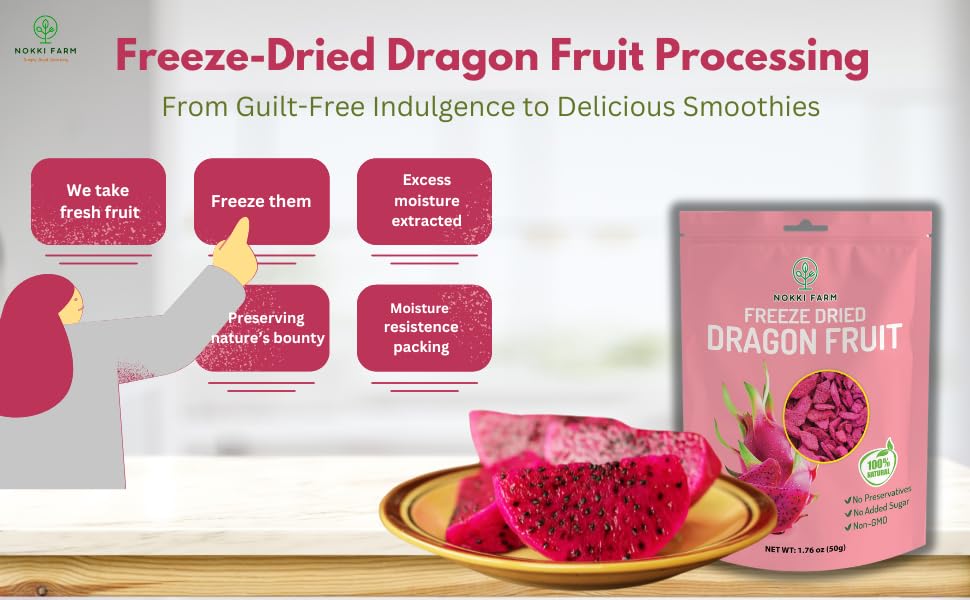 NOKKI FARM Fruta del dragón liofilizada 1.76 oz  100% natural  Sin azúcar añadido  Vegano  Sin OMG  Todo natural  Frutas crujientes orgánicas 1.76