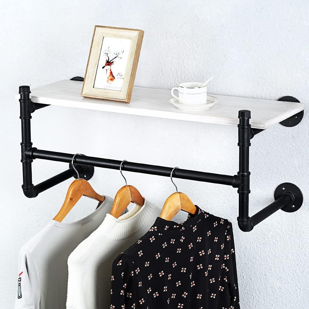Estante industrial de la ropa del tubo montado en la pared con el estante de madera,Estante de la ropa al por menor estante de exhibición de los