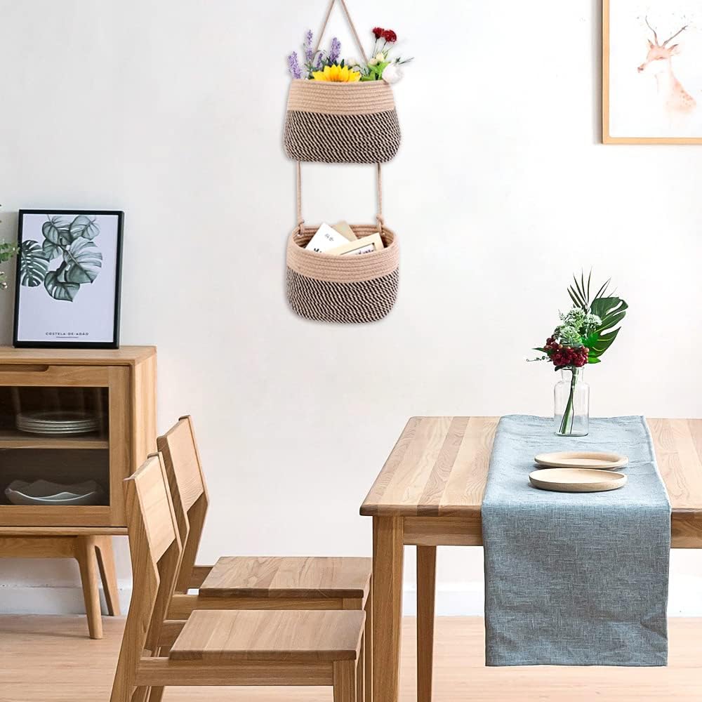 Cesta colgante para colgar sobre la puerta, cesta de pared tejida de cuerda de algodón de 2 niveles, organizador colgante para revistas, cestas de