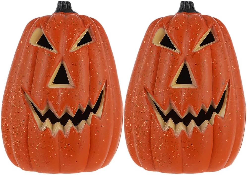 Happyyami Calabazas de plástico con luces espeluznantes, 2 calabazas iluminadas para exteriores e interiores, decoraciones de calabaza de Halloween,