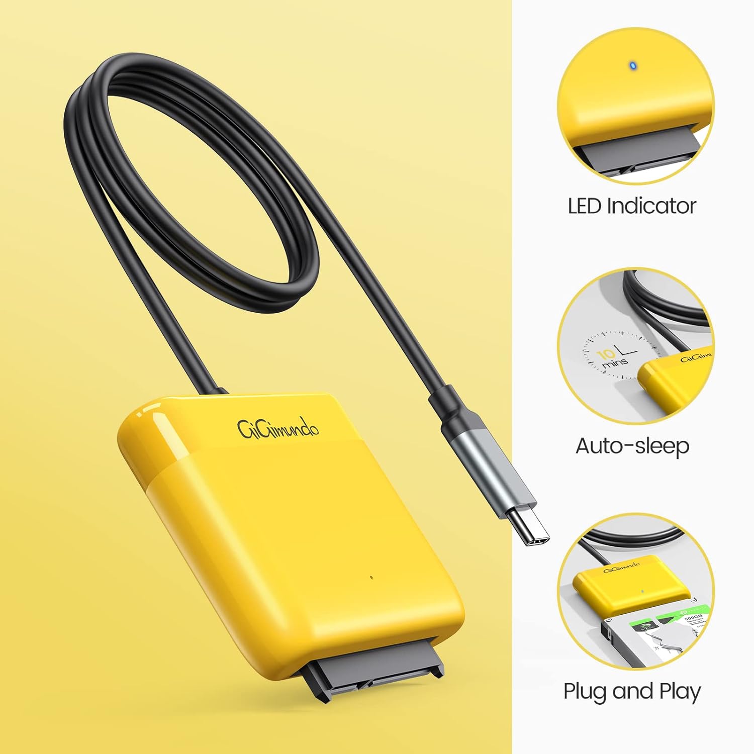 GiGimundo Adaptador SATA a USB 3.0, cable SATA a USB C de 1 pie para SSD y HDD de 2.5 pulgadas, convertidor externo para transferencia de datos