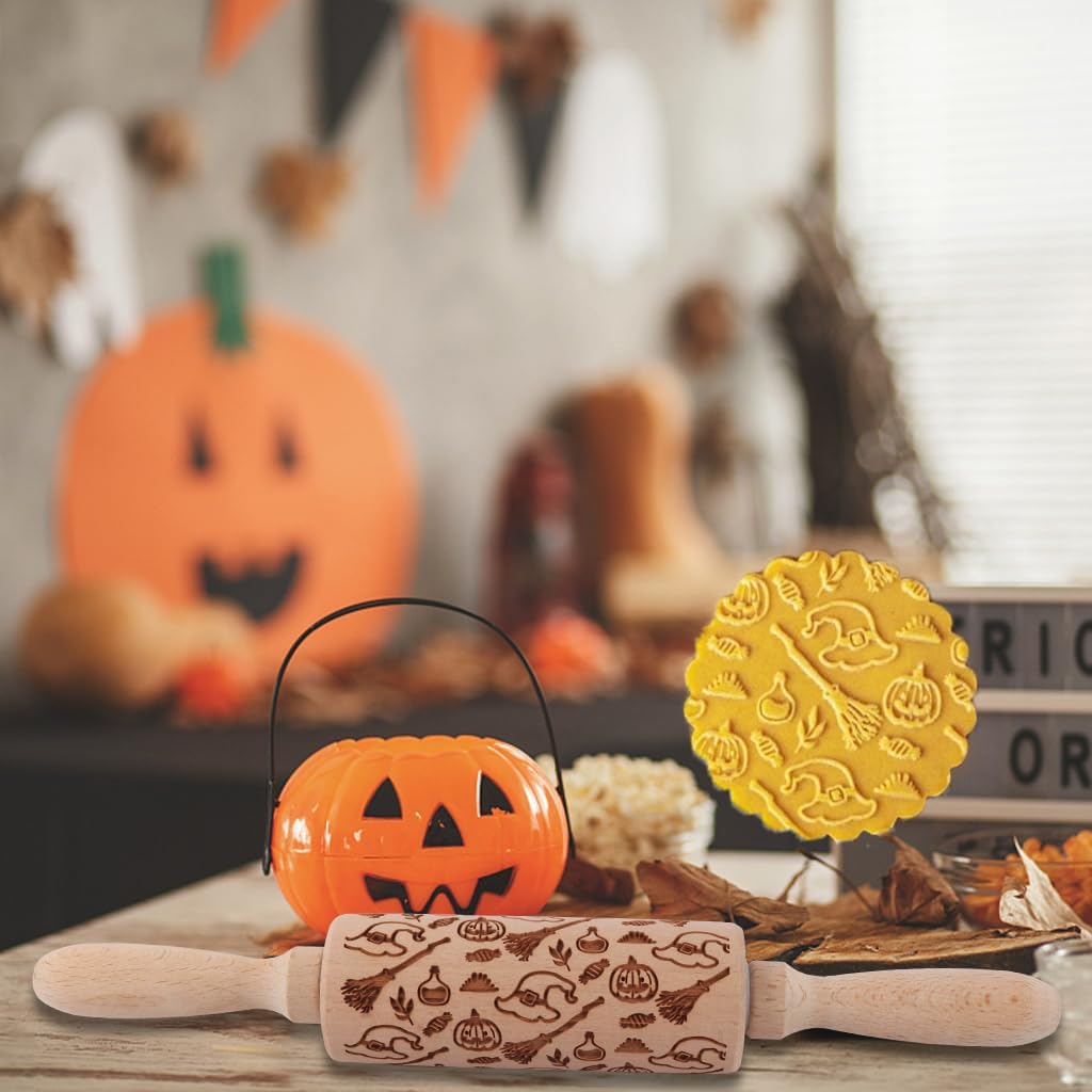 Rodillo en relieve de Halloween para galletas, rodillos de madera, diseños espeluznantes para hornear de Halloween, rodillos de madera en relieve (C)