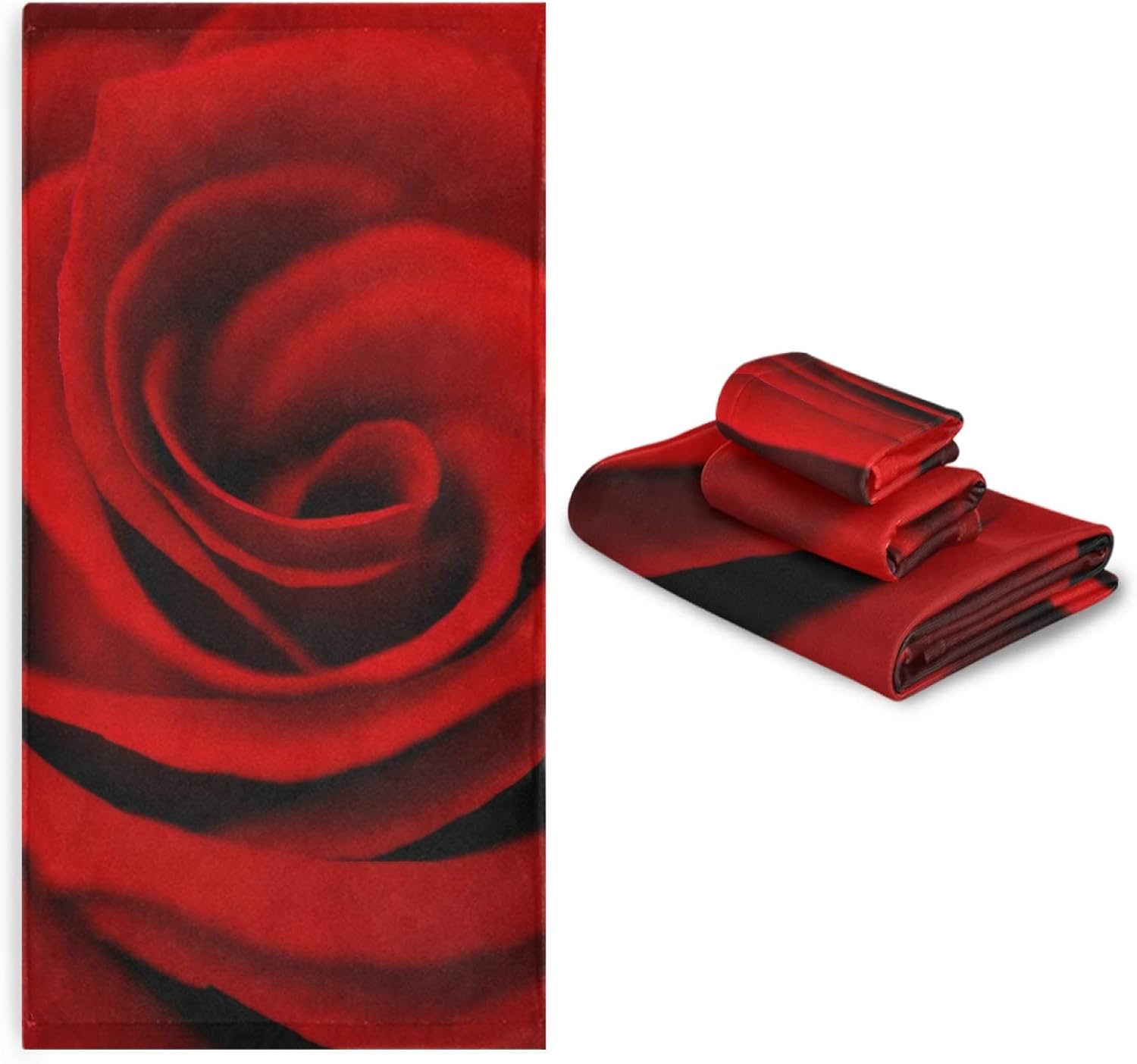 Qilmy Juego de 3 toallas de baño con diseño floral de rosas rojas vívidas para cara, absorbente a mano, patrón de flores para gimnasio, baño, hogar,