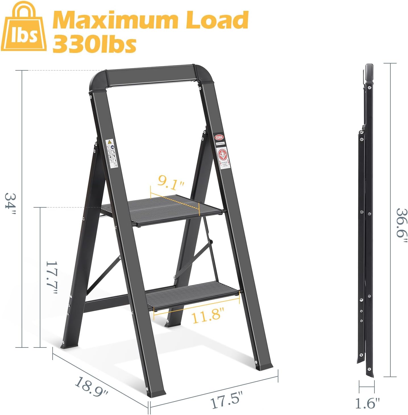 KINGRACK Escalera de escalón, 2 escalones, escalera plegable con pasamanos, escalera doméstica antideslizante con seguridad plegable, taburete de