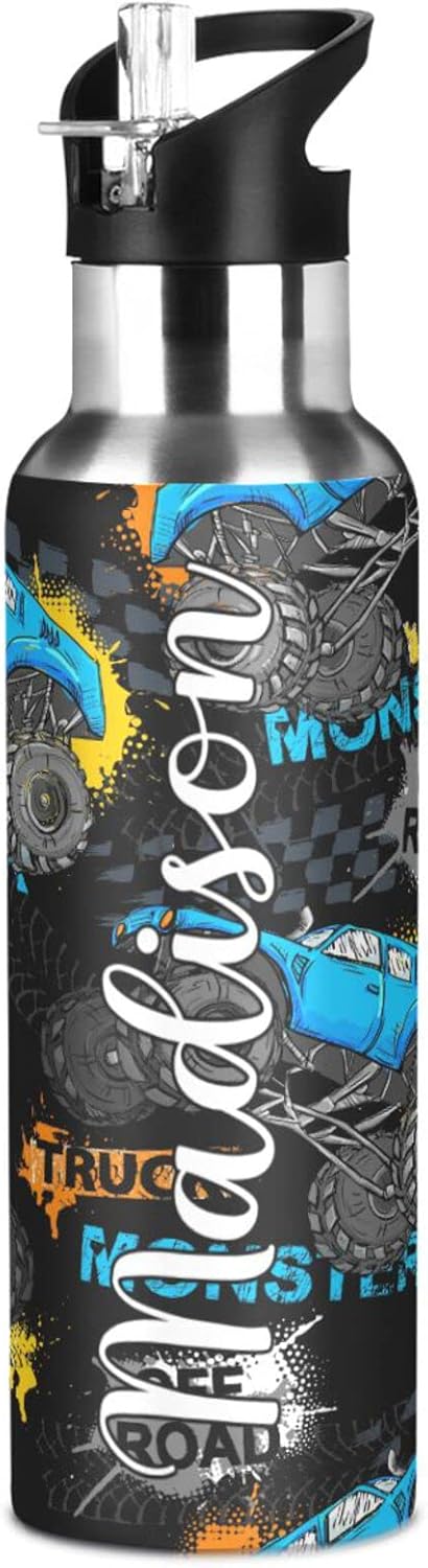 Botella de agua deportiva personalizada con nombre Monster Truck Tires Botella aislada de acero inoxidable personalizada para escalada Frasco de