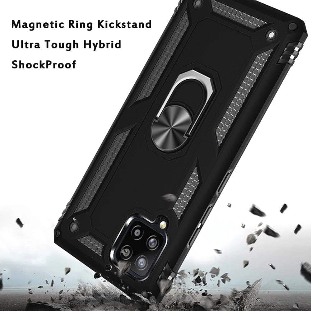TJS Funda compatible con Samsung Galaxy A12, con protector de pantalla de vidrio templado, anillo de metal Defender con soporte magnético para