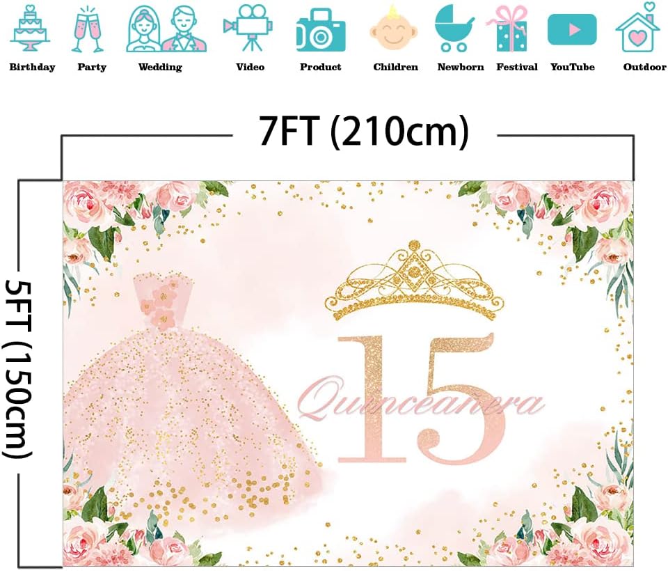 Mocsicka Telón de fondo de cumpleaños de quinceañera para niña, decoración de fiesta de cumpleaños con texto en inglés “Mis membrillo anos”, color