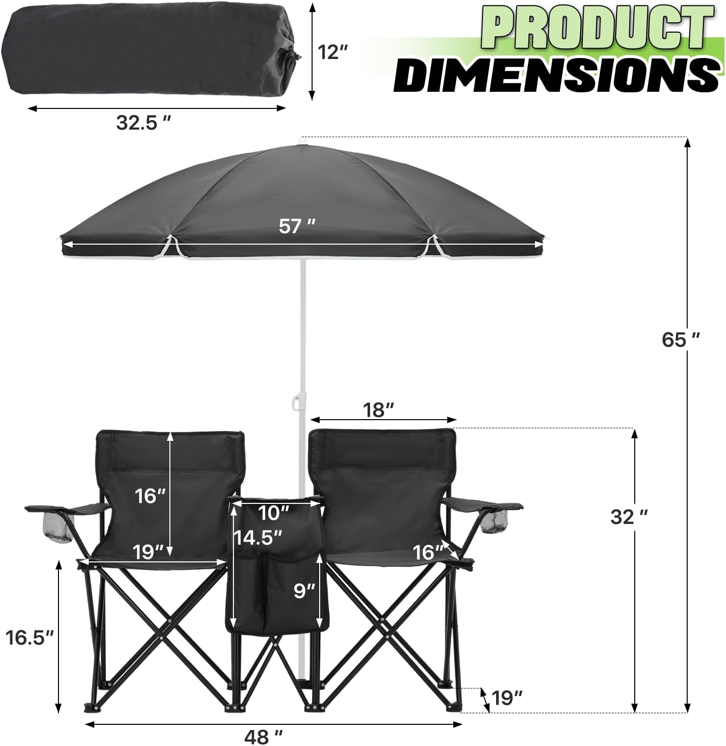 Magshion Silla de campamento doble con paraguas y enfriador para adultos, silla plegable de alta resistencia, color negro