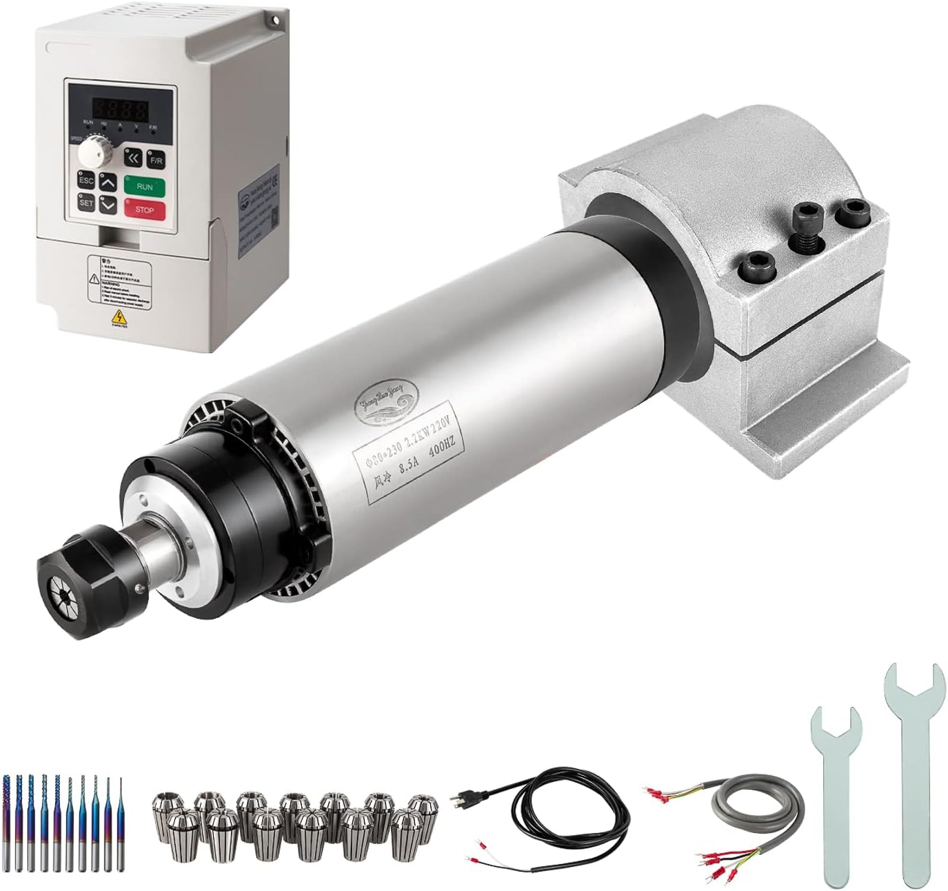 Kits de motor de husillo CNC, 220V 2.2KW 80mm de husillo refrigerado por aire, motor CNC de husillo CNC + 2.2KW VFD+80mm montaje de abrazadera + kit