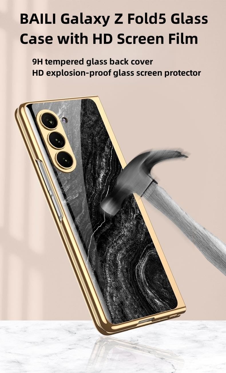 BAILI Funda para Galaxy Z Fold5, funda de vidrio Z Fold 5, funda protectora de vidrio templado ultrafina 9H Fold5, cubierta trasera de pintura de