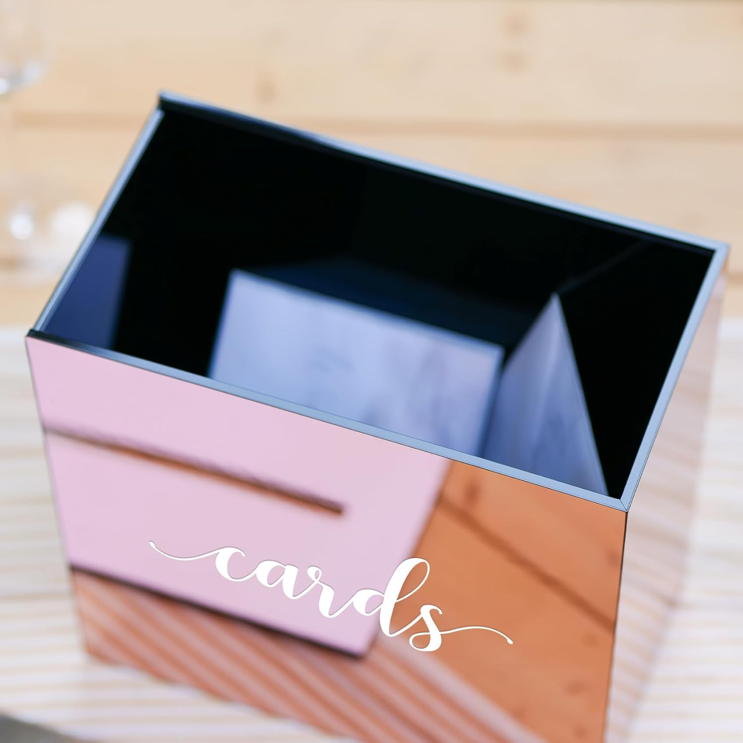UNIQOOO Caja de tarjetas de boda de acrílico con espejo de oro rosa metálico con ranura, grande de 10 x 10 x 5.5 pulgadas con impresión blanca