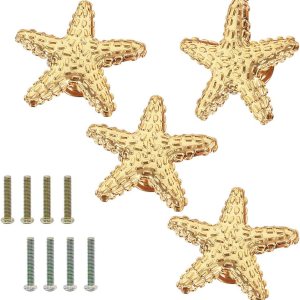 4 tiradores de estrellas de mar, tiradores de estrellas de mar, asas doradas, diseño costero, playa, océano, tiradores de un solo agujero, manijas 4 tiradores de estrellas de mar, tiradores de estrellas de mar, asas doradas, diseño costero, playa, océano, tiradores de un solo agujero, manijas