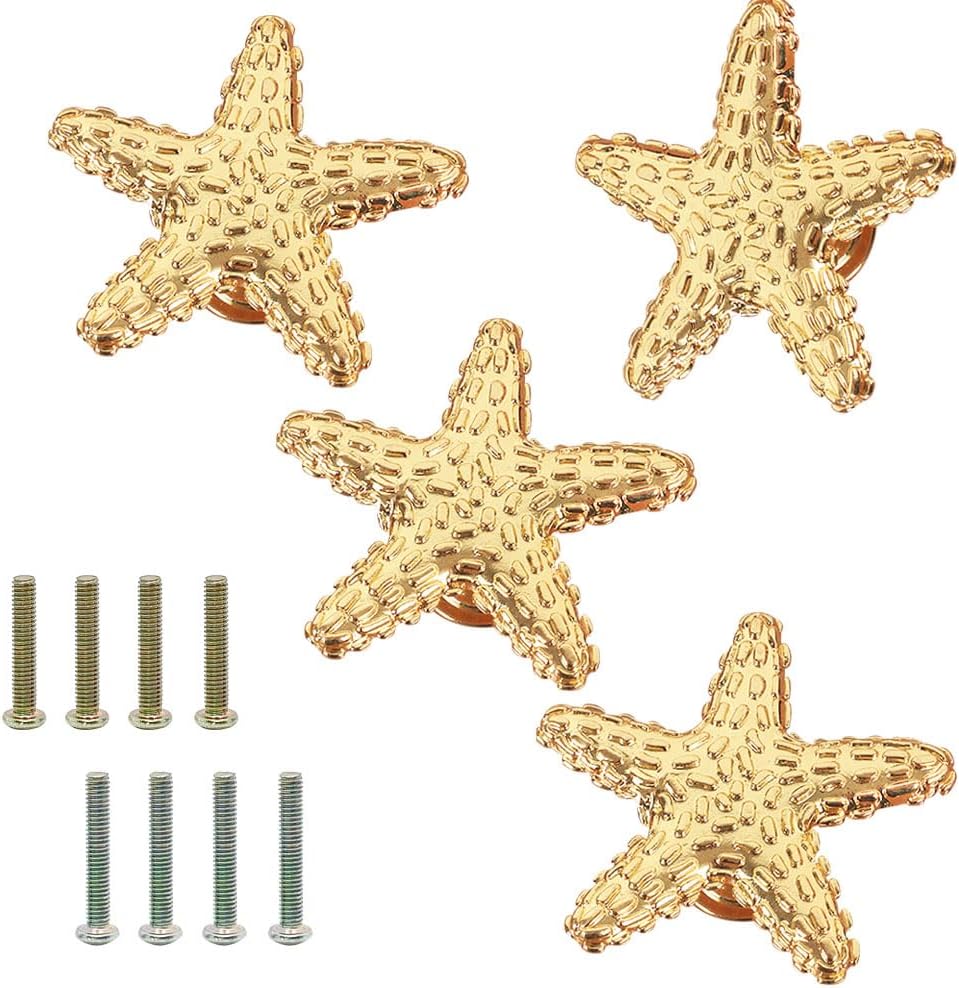 4 tiradores de estrellas de mar, tiradores de estrellas de mar, asas doradas, diseño costero, playa, océano, tiradores de un solo agujero, manijas