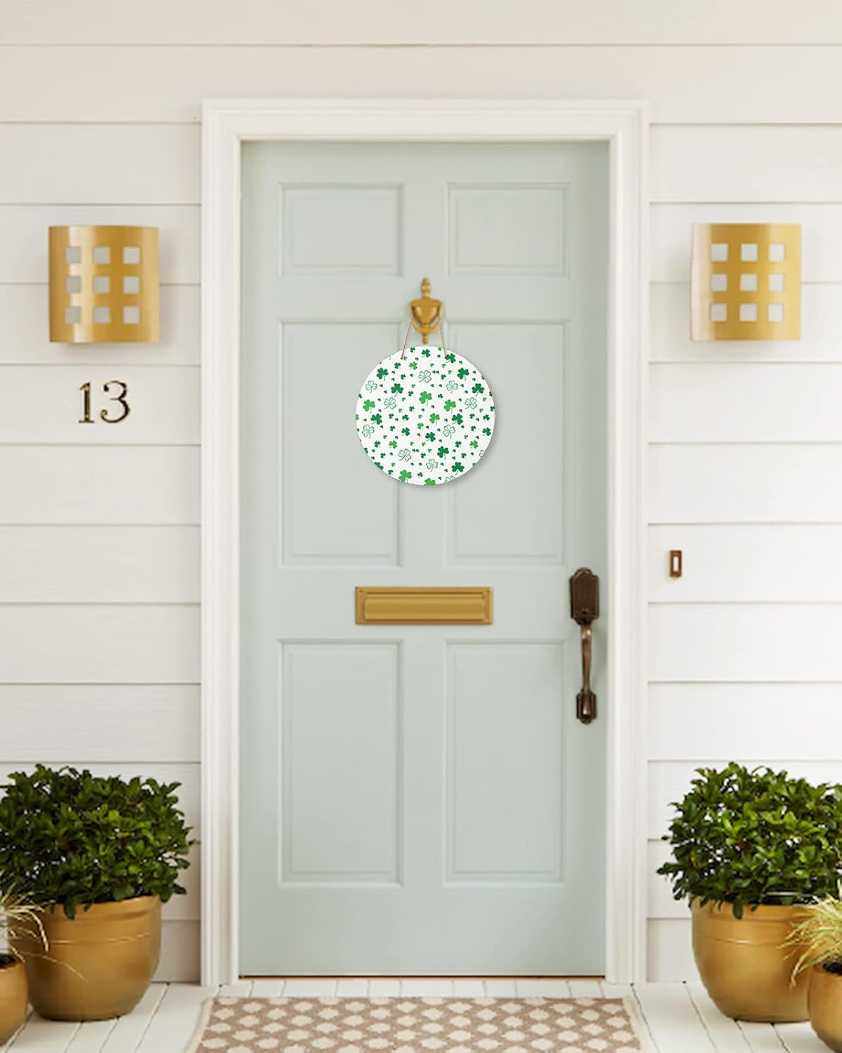 Welcome Sign for Front Door Decoration, St. Patrick’s Day Shamrock Clover Spring 10 Inch Wreaths Hanging Sign Plaque Holiday Decor for Porch Garden