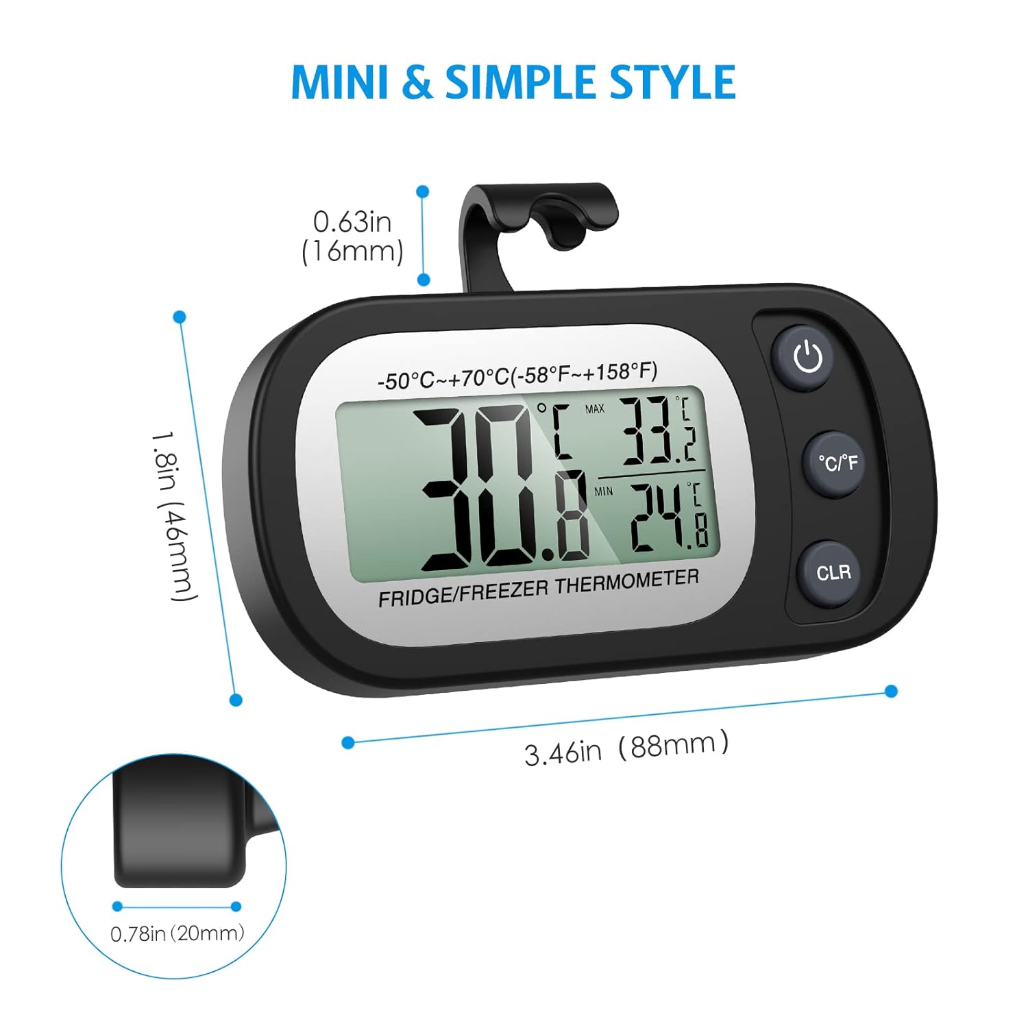 Termómetro de congelador mejorado, termómetro digital para refrigerador, termómetro impermeable para refrigerador con gancho, pantalla LCD,