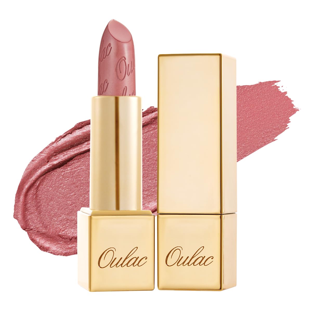 Oulac Lápiz labial rosa claro para mujer con brillo metálico 3D fórmula hidratante ligera, color de labios de alto impacto, belleza vegana y sin