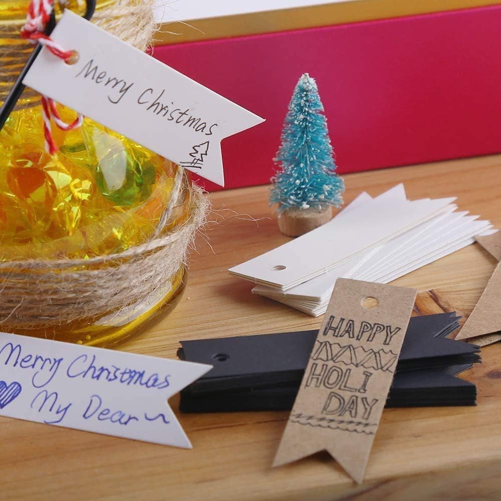 DIYASY Etiquetas de regalo de papel kraft con cuerda, 150 etiquetas de papel marrón, blanco y negro, etiquetas colgantes de 2.8 x 0.8 pulgadas,