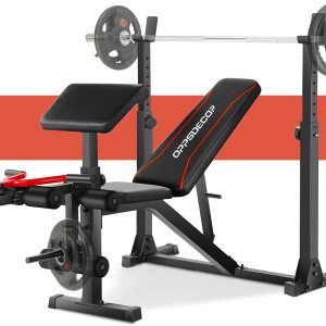 OPPSDECOR Juego de banco de pesas ajustable, juego de prensa de banco multifuncional de 900 libras con estante para sentadillas y almohadilla de OPPSDECOR Juego de banco de pesas ajustable, juego de prensa de banco multifuncional de 900 libras con estante para sentadillas y almohadilla de