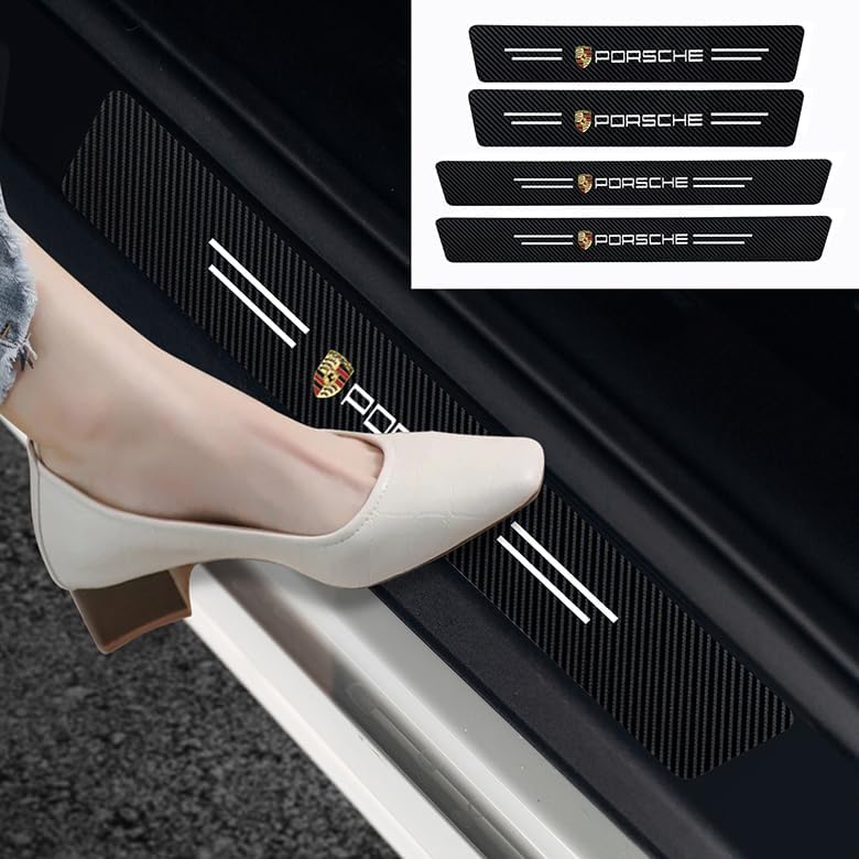 Compatible con placa de arañazos para puerta con logotipo, de fibra de carbono, 4 piezas, accesorios autoadhesivos para umbral de automóvil (juego