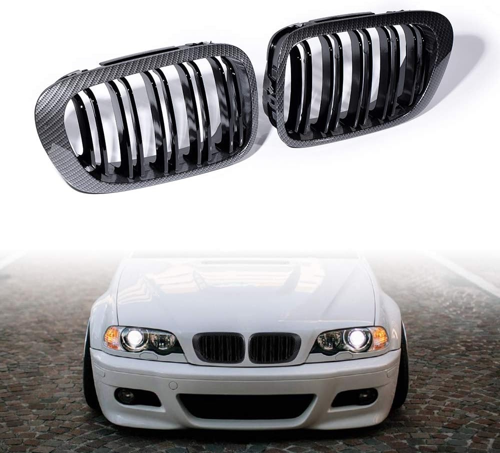 Par de capó frontal riñón rejilla de fibra de carbono negro brillante compatible con BMW E46 1999-2002 2-Door 318is 323is 328is 318i 323i 328i 328i