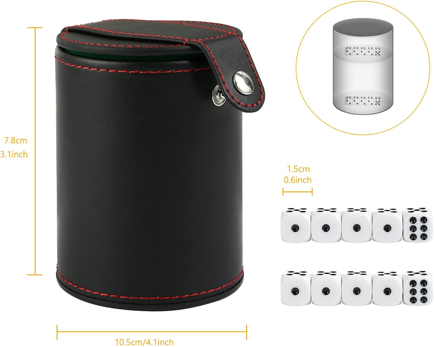 GWHOLE Juego de dados de cuero con compartimento de almacenamiento, coctelera de forro de fieltro con 5 dados de puntos para juegos de Farkle