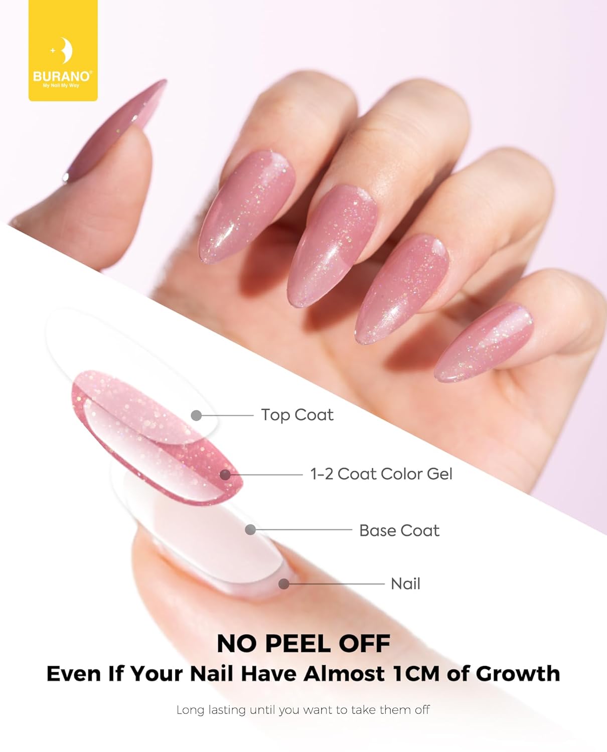 BURANO Esmalte de gel rosa con purpurina, esmalte de gel neutro color rosa nude, 0.2 fl oz, tono de piel rosa brillante, gel natural de remojo UV