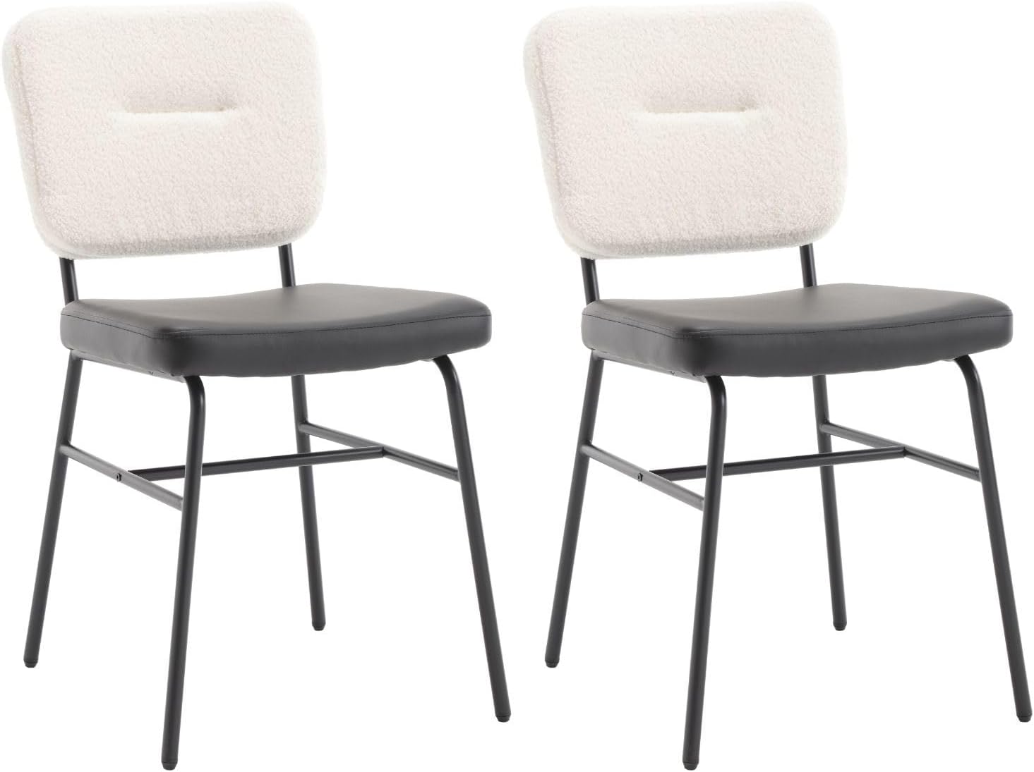 Juego de 2 sillas de comedor de cuero negro tapizadas de sherpa con respaldo, sillas de acento modernas de mediados de siglo, sillas laterales sin